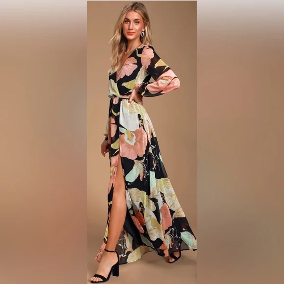 Lulus Wondrous Water Lilies Black Floral Print Maxi Dress